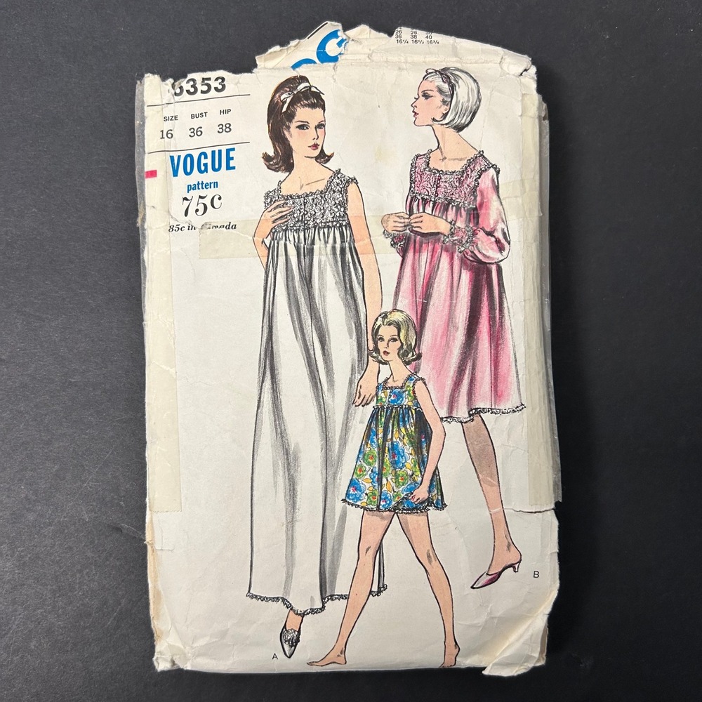 Vintage 60's Vogue 6353 Sewing Pattern Women Size 16 Nightgown Panties